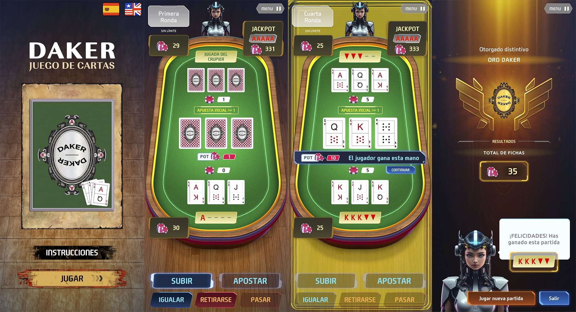 Portada de Daker con diferentes escenarios de juego de Poker