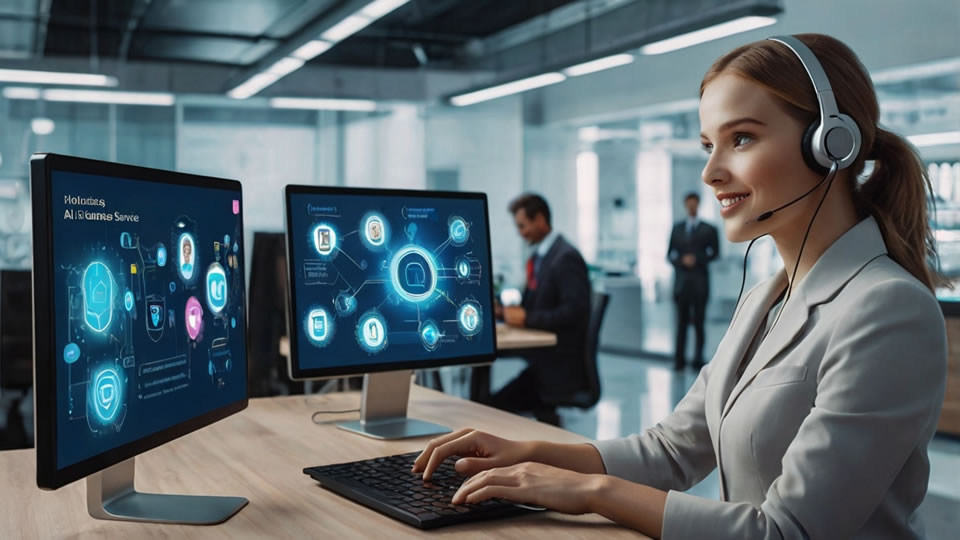 practical-applications-of-ai-in-customer-service-20241128 Una empleada mujer desarrollando software con código fuente