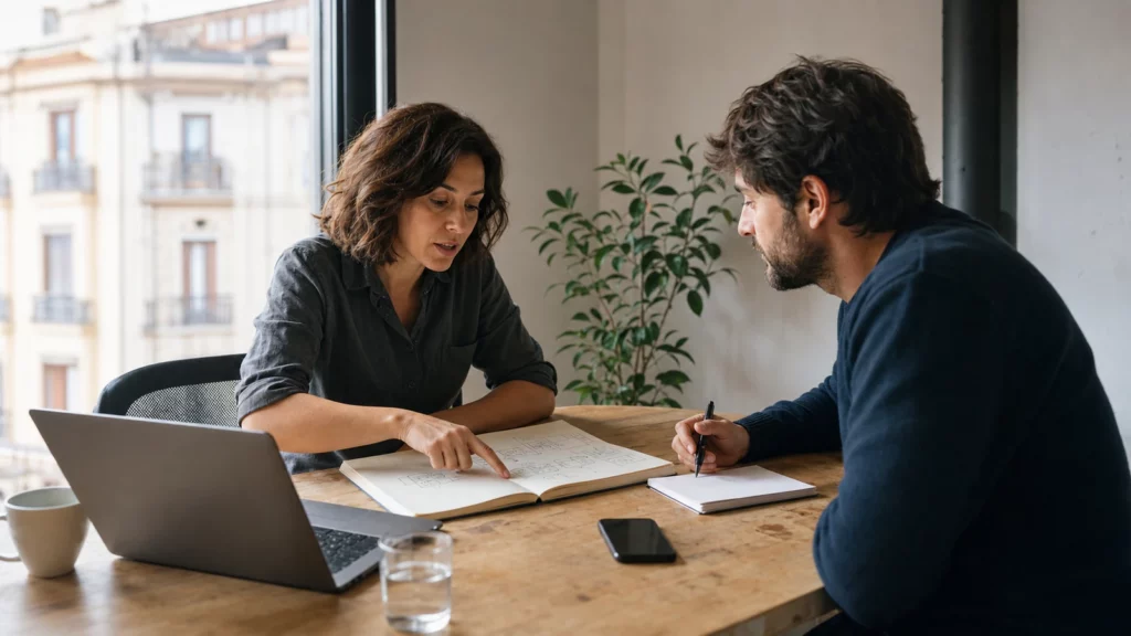 Responsable de una pequeña empresa y desarrollador revisan juntos un flujo de trabajo antes de crear una aplicación