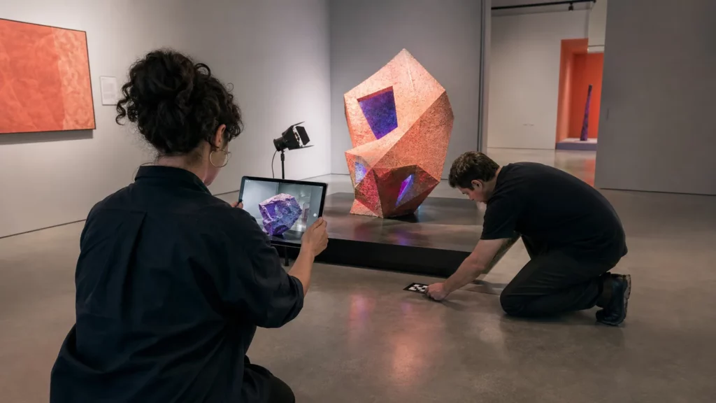 Artista y técnico calibrando una experiencia de realidad aumentada sobre una escultura