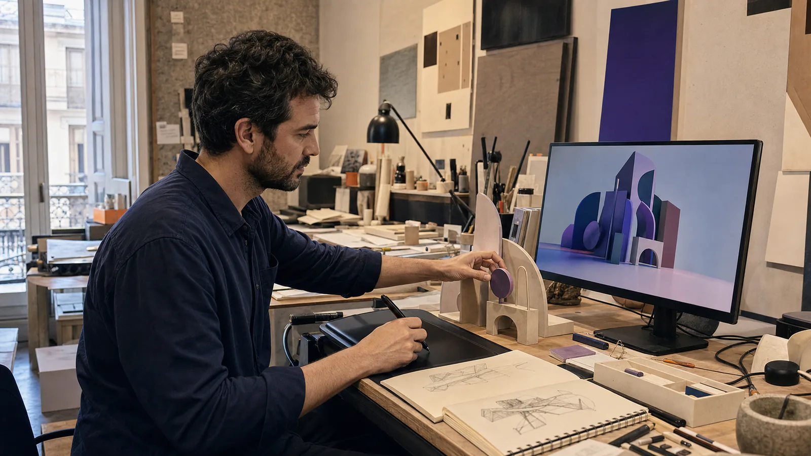 Artista prototipando una obra espacial en un estudio de trabajo