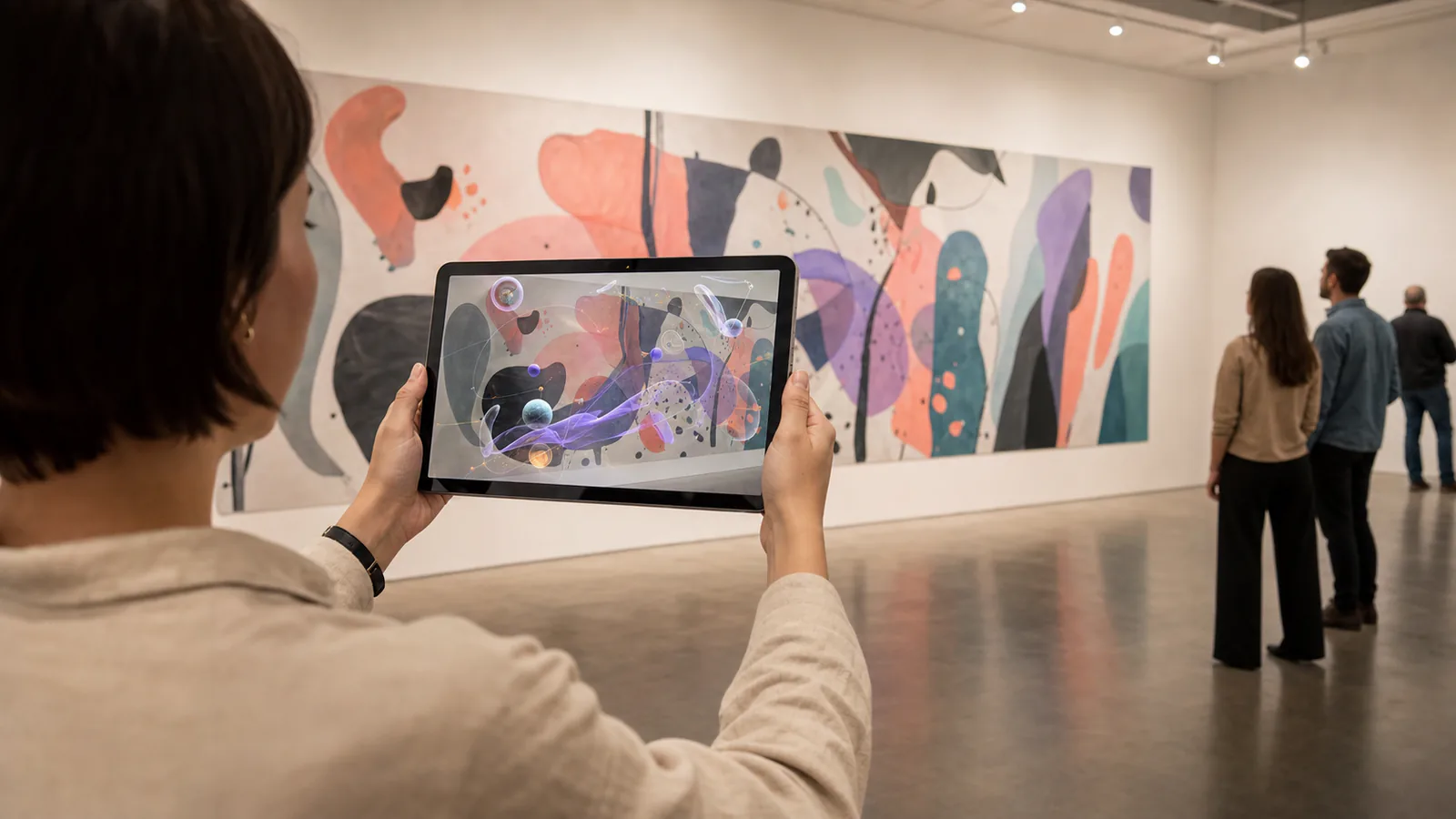 Visitante observando una capa de realidad aumentada sobre un mural en una galería