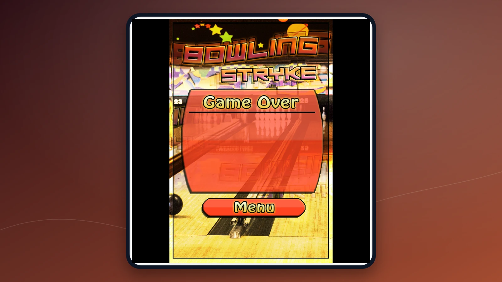 Cierre claro de la partida Pantalla original Game Over de Bowling S. con acceso directo al menú principal