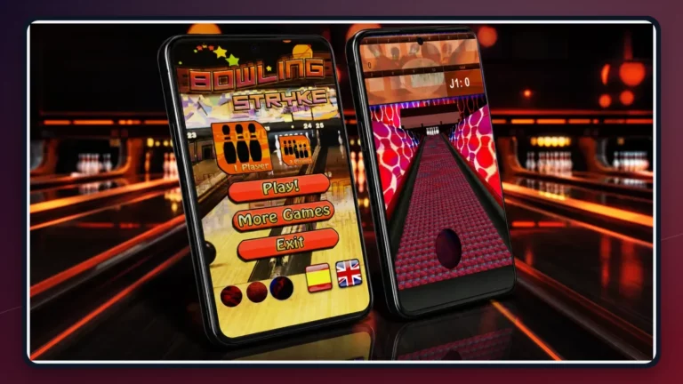 Dos teléfonos Android muestran el menú y una partida real de Bowling S. dentro de una bolera
