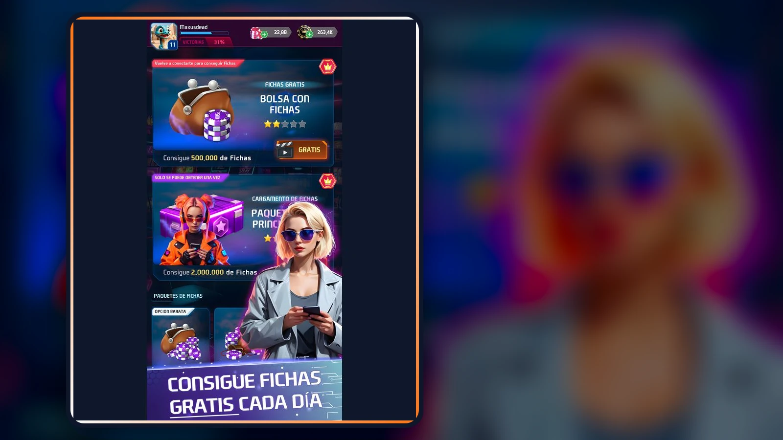 Captura oficial de Daker Poker con recompensas diarias y distintas formas de conseguir fichas