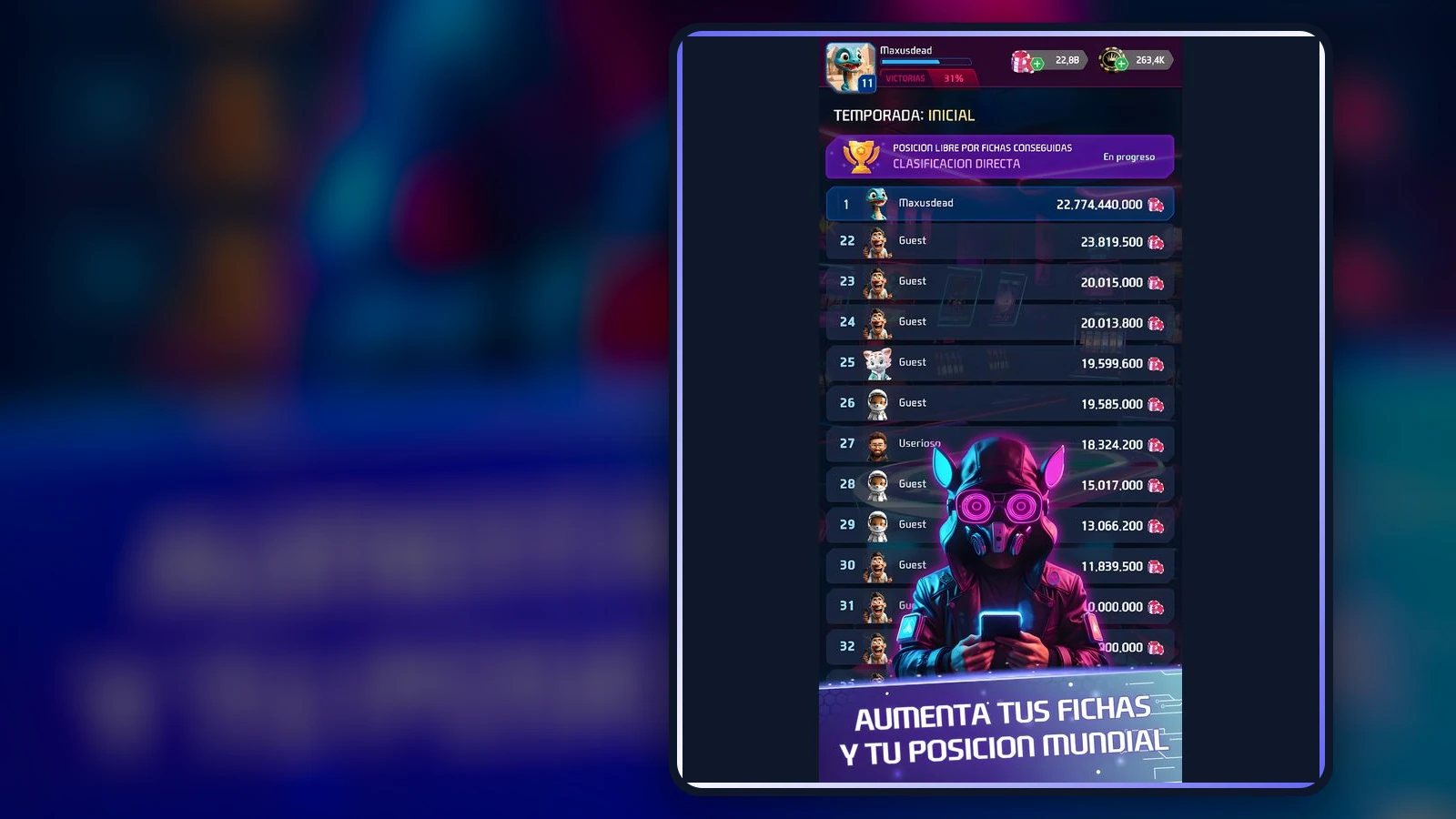 Captura oficial de la clasificación de Daker Poker con posiciones y fichas por participante