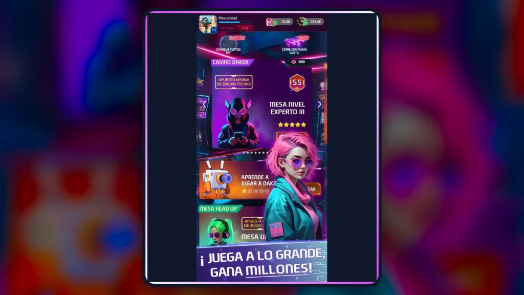 Captura oficial del lobby de Daker Poker con acceso a mesas, ayuda y progreso del jugador