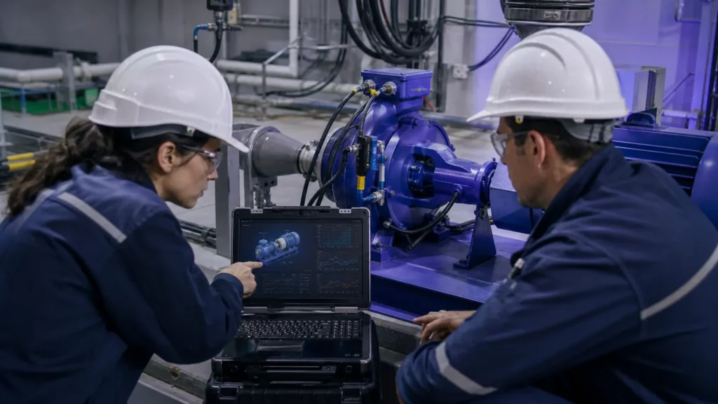 Técnicos comparando una bomba industrial instrumentada con su modelo digital