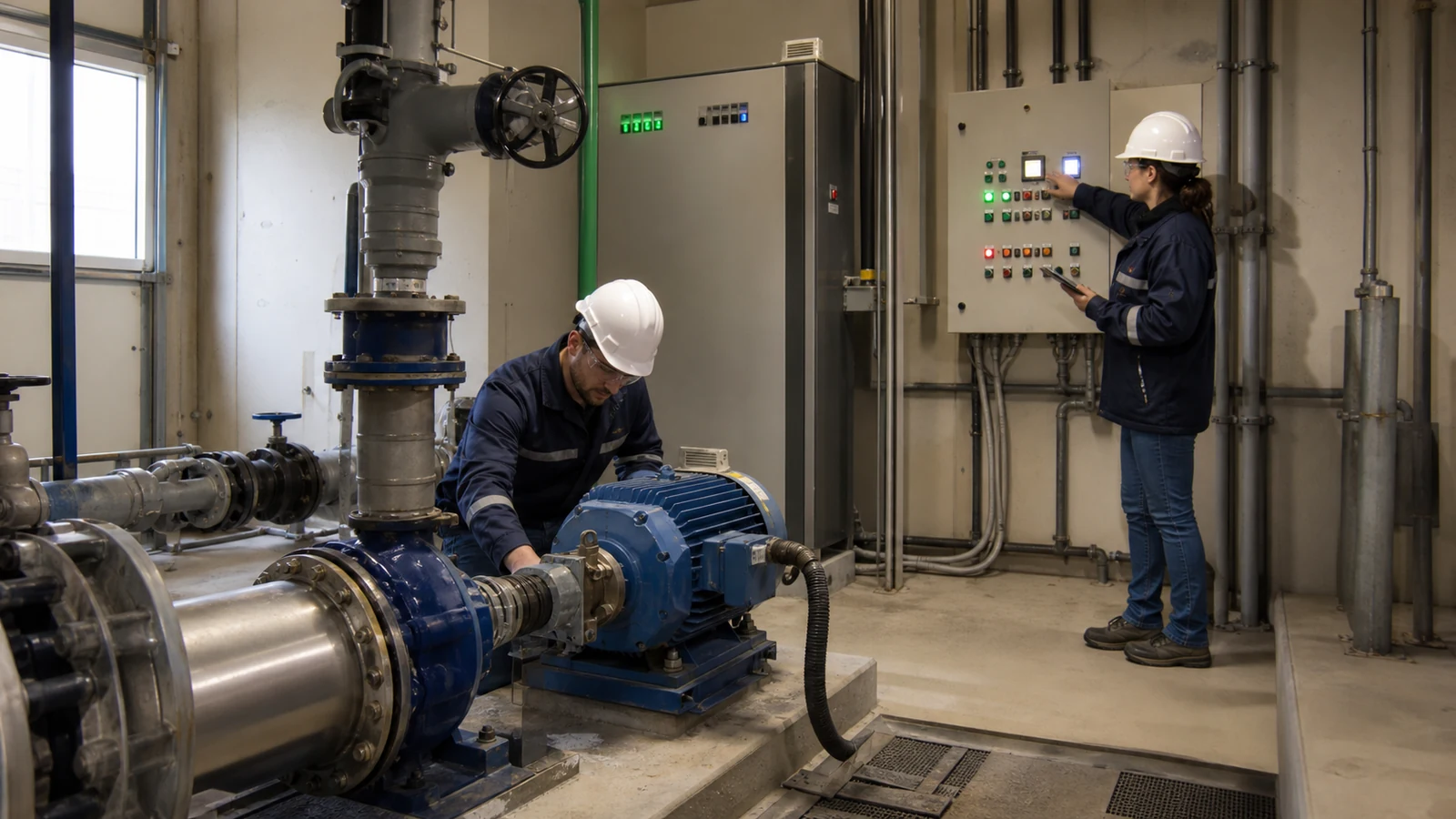 Técnicos inspeccionando un equipo industrial conectado a un sistema de supervisión