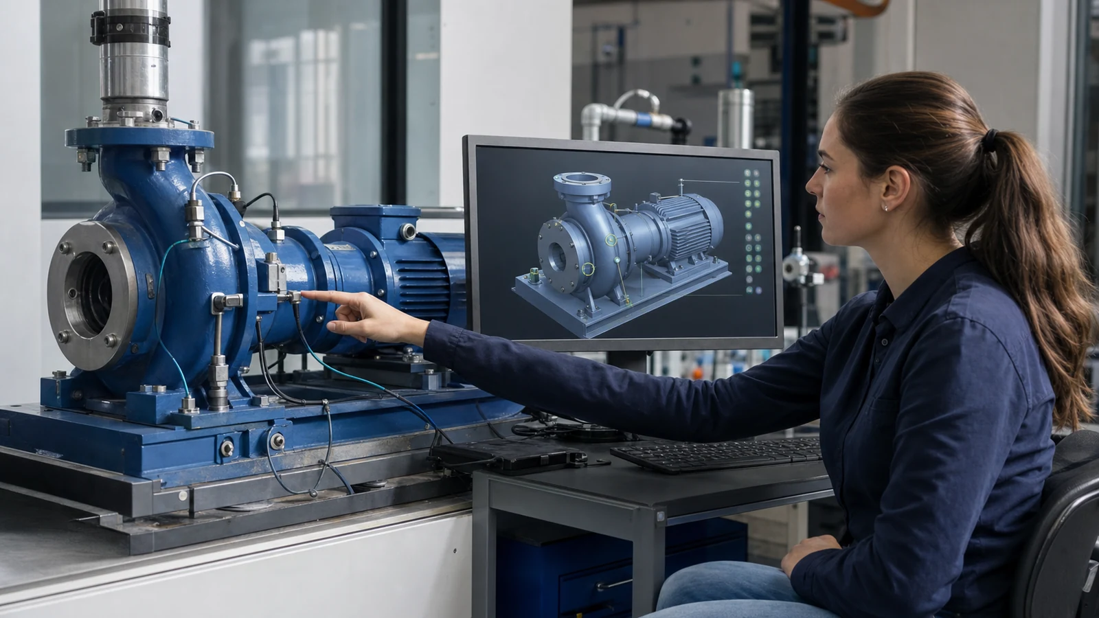 Ingeniera comparando una bomba física con su modelo digital en un monitor