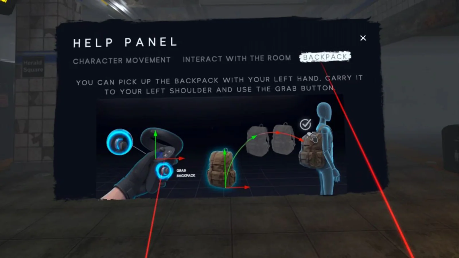 Panel de ayuda dentro del visor que explica cómo usar la mochila virtual