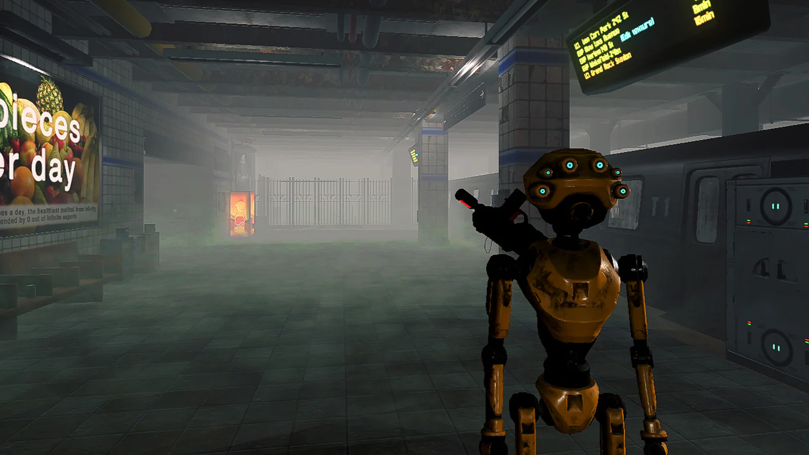 Captura real de Escape the Urban Underground con un robot en un andén cubierto de niebla
