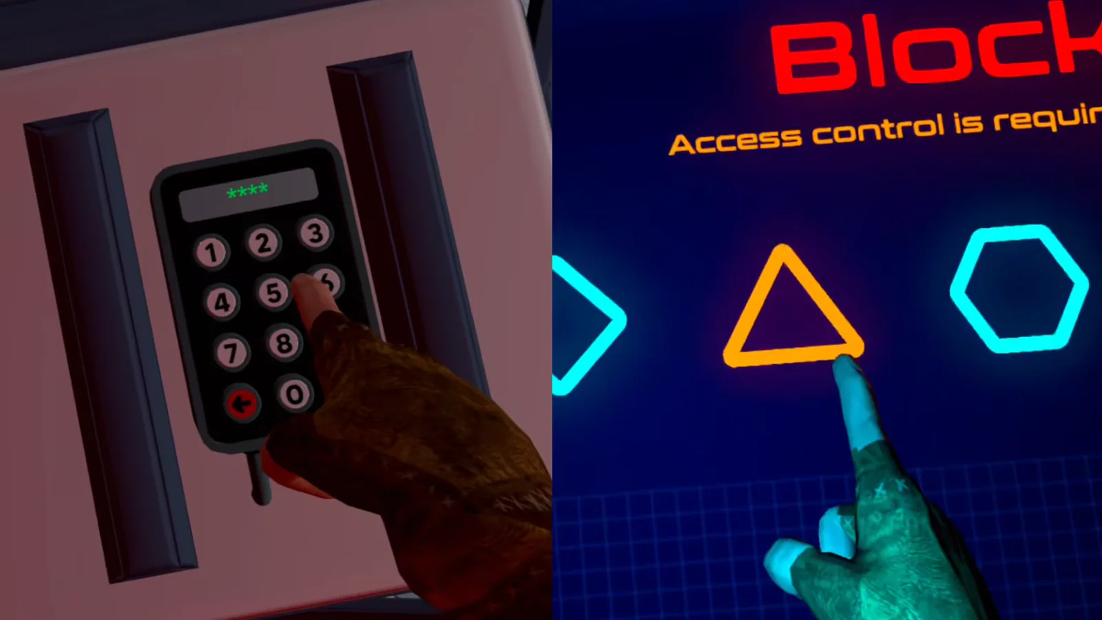 Mano virtual seleccionando formas geométricas en un panel de acceso bloqueado