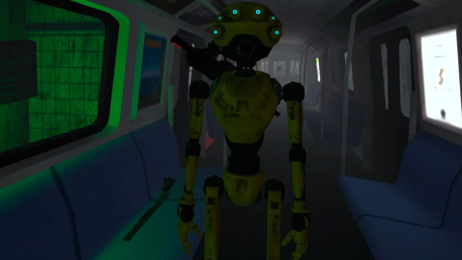 Amenaza dentro de un vagón Robot iluminado en verde dentro de un vagón de Escape the Urban Underground