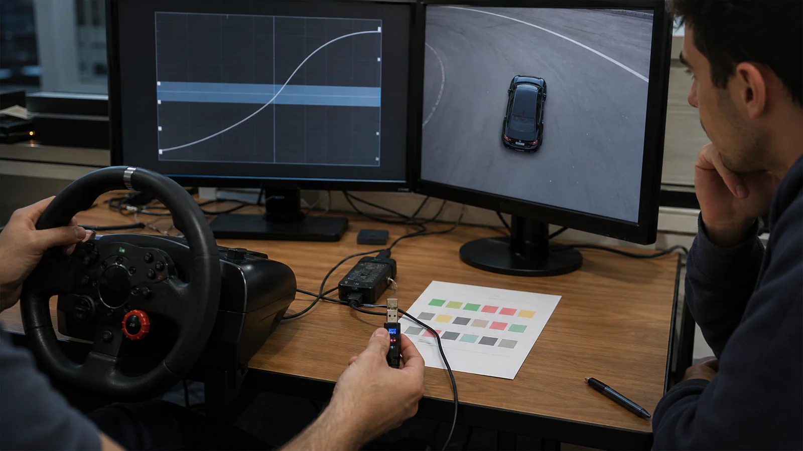 Equipo probando un volante mientras revisa la curva de entrada y la respuesta de un vehículo virtual