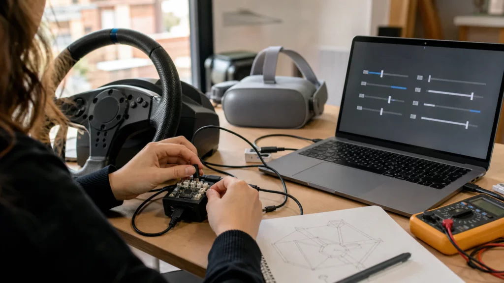 Desarrolladora conectando una interfaz electrónica entre un volante de simulación y un portátil
