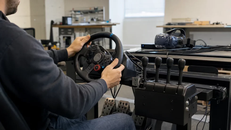 Volante y palancas de un puesto físico de simulación VR