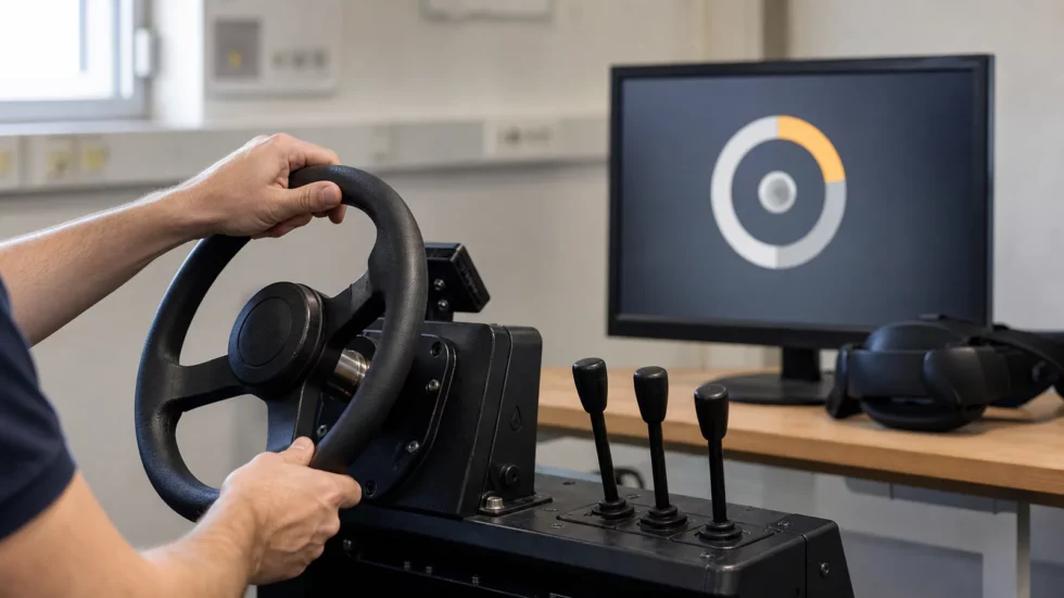 Volante de un simulador de conducción durante la calibración