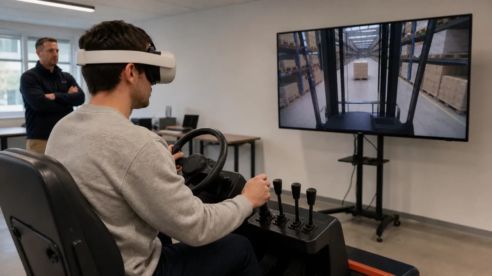 Maniobra de almacén en VR con volante y palancas físicas