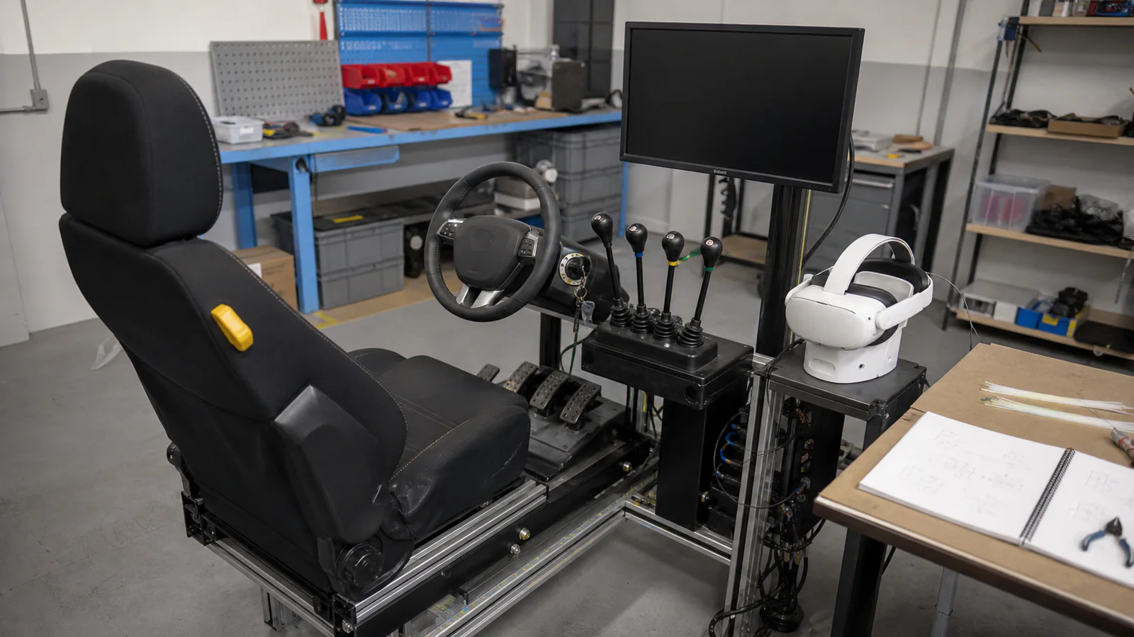 Puesto técnico anónimo de simulación VR Puesto de simulación con asiento, volante, pedales, palancas y visor VR en un taller
