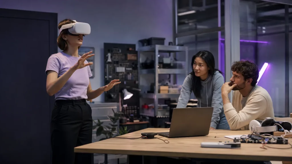 Equipo de desarrollo probando seguimiento de manos con un visor de realidad virtual