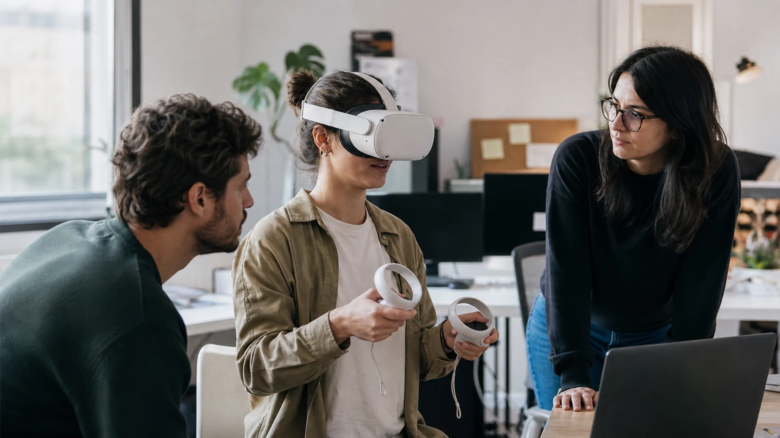 Equipo probando un visor de realidad virtual durante una sesión de desarrollo