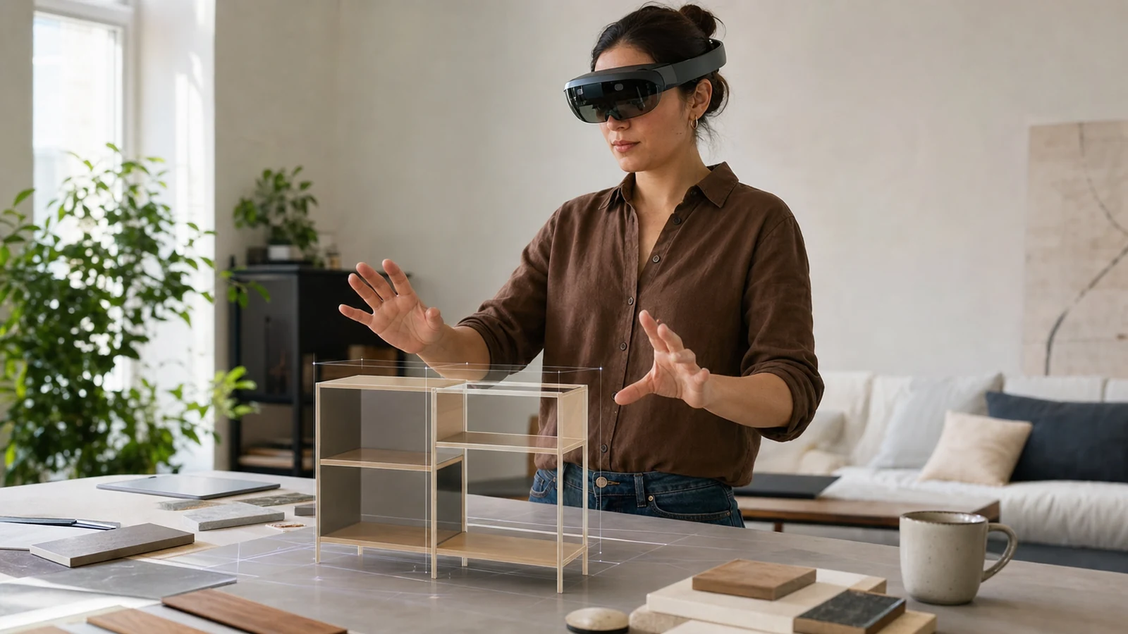 Profesional colocando una maqueta virtual en un espacio real mediante realidad mixta
