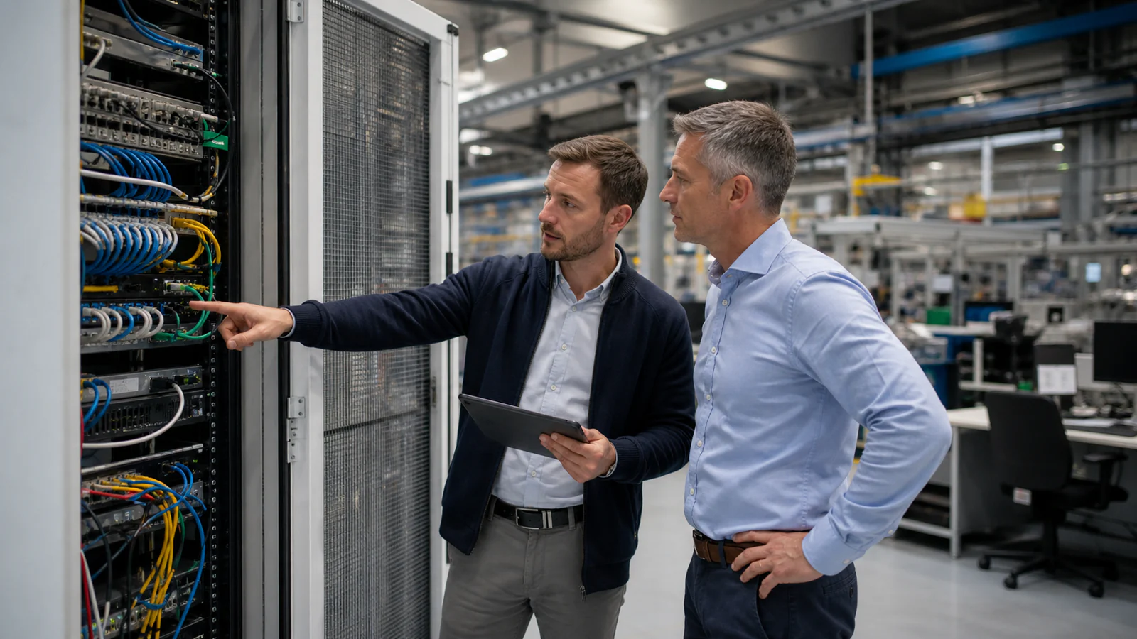 Visitas técnicas cuando el proyecto las necesita Consultor tecnológico revisando una instalación empresarial durante una visita técnica acordada