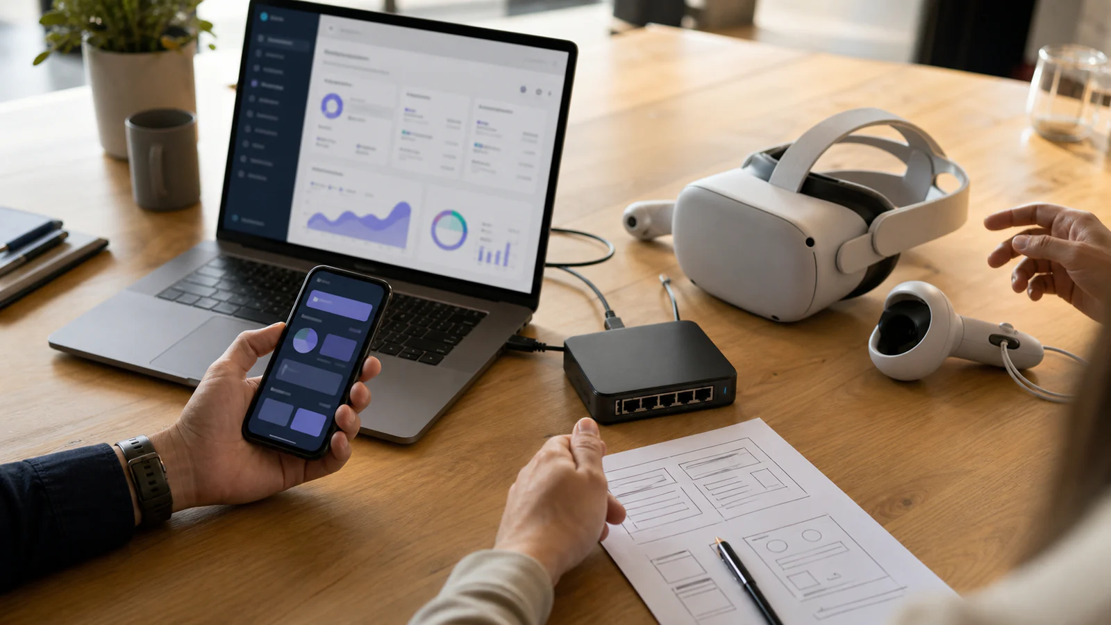 Servicios tecnológicos para proyectos nacionales Prototipos de software empresarial, aplicación móvil, realidad virtual y redes sobre una mesa de trabajo