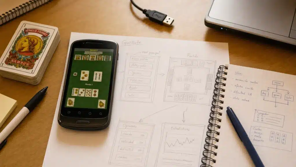 Mesa de desarrollo móvil de 2012 con cartas españolas y una partida de Guiñote en Android