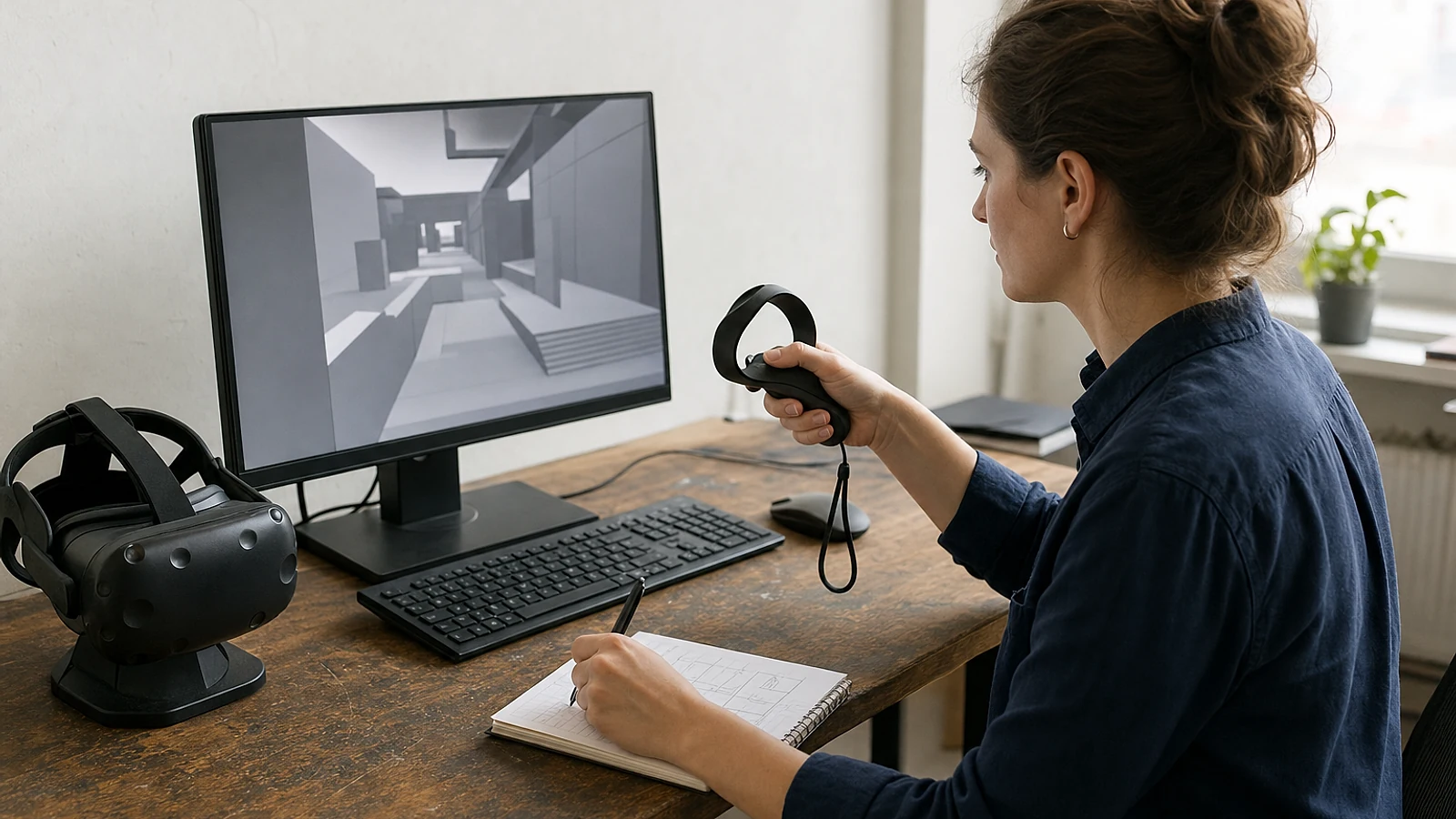 Desarrolladora probando con un visor VR y un monitor un prototipo temprano de entorno industrial