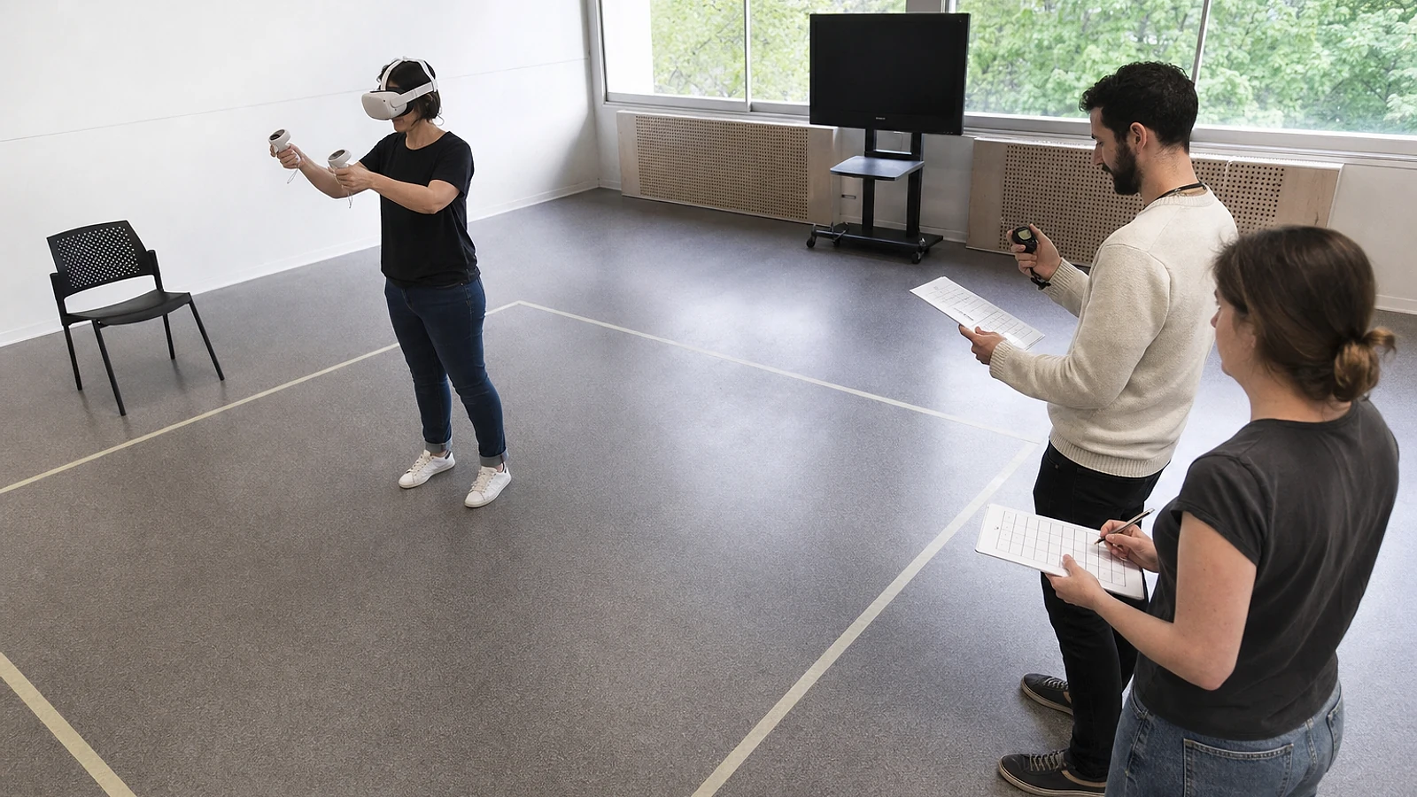 Equipo observando y tomando notas mientras una persona prueba una experiencia VR en una sala despejada