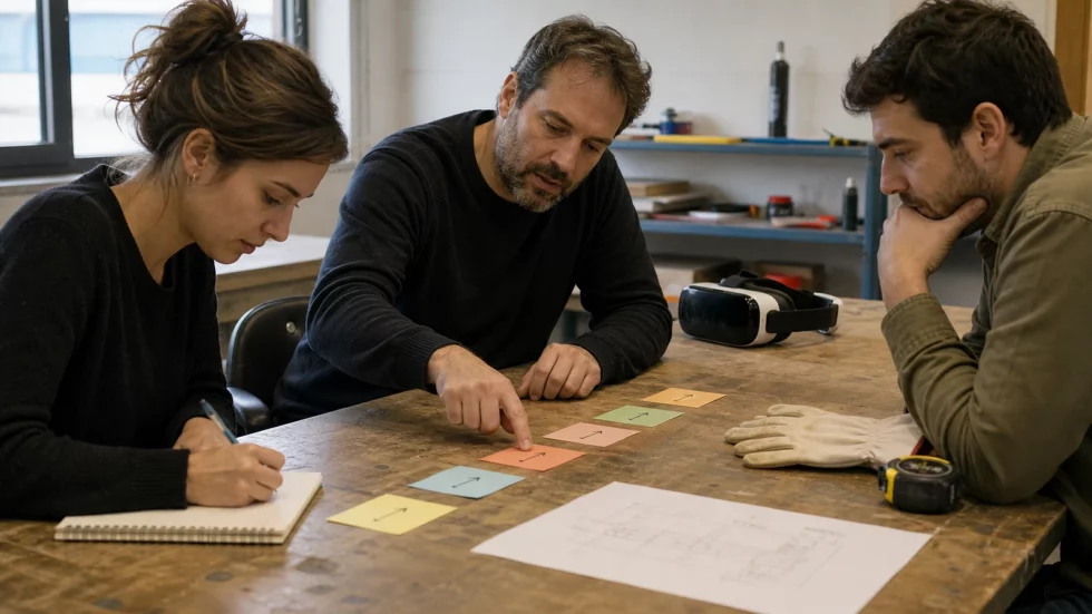 Planificación de un proceso de trabajo con notas en papel sobre una mesa