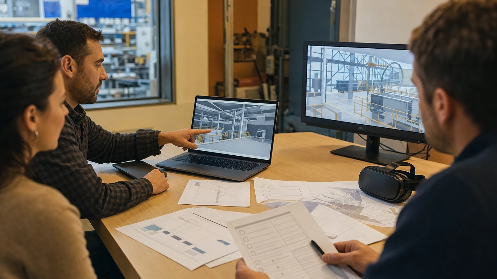 Control de calidad del recorrido formativo Equipo revisando en varios monitores escenas, planos y estados de una simulación industrial