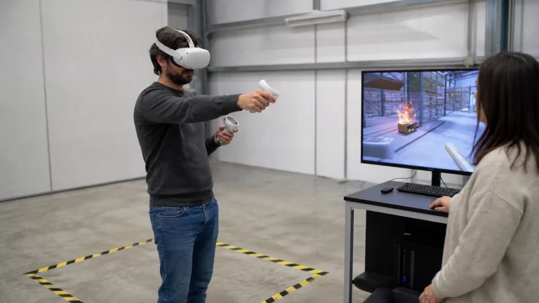 Persona usando un visor VR y un extintor de entrenamiento mientras una instructora observa la simulación en un monitor