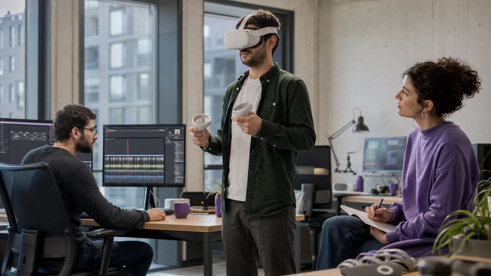 Desarrollo y pruebas para Meta Quest Equipo de desarrollo probando una aplicación de realidad virtual en un estudio de trabajo