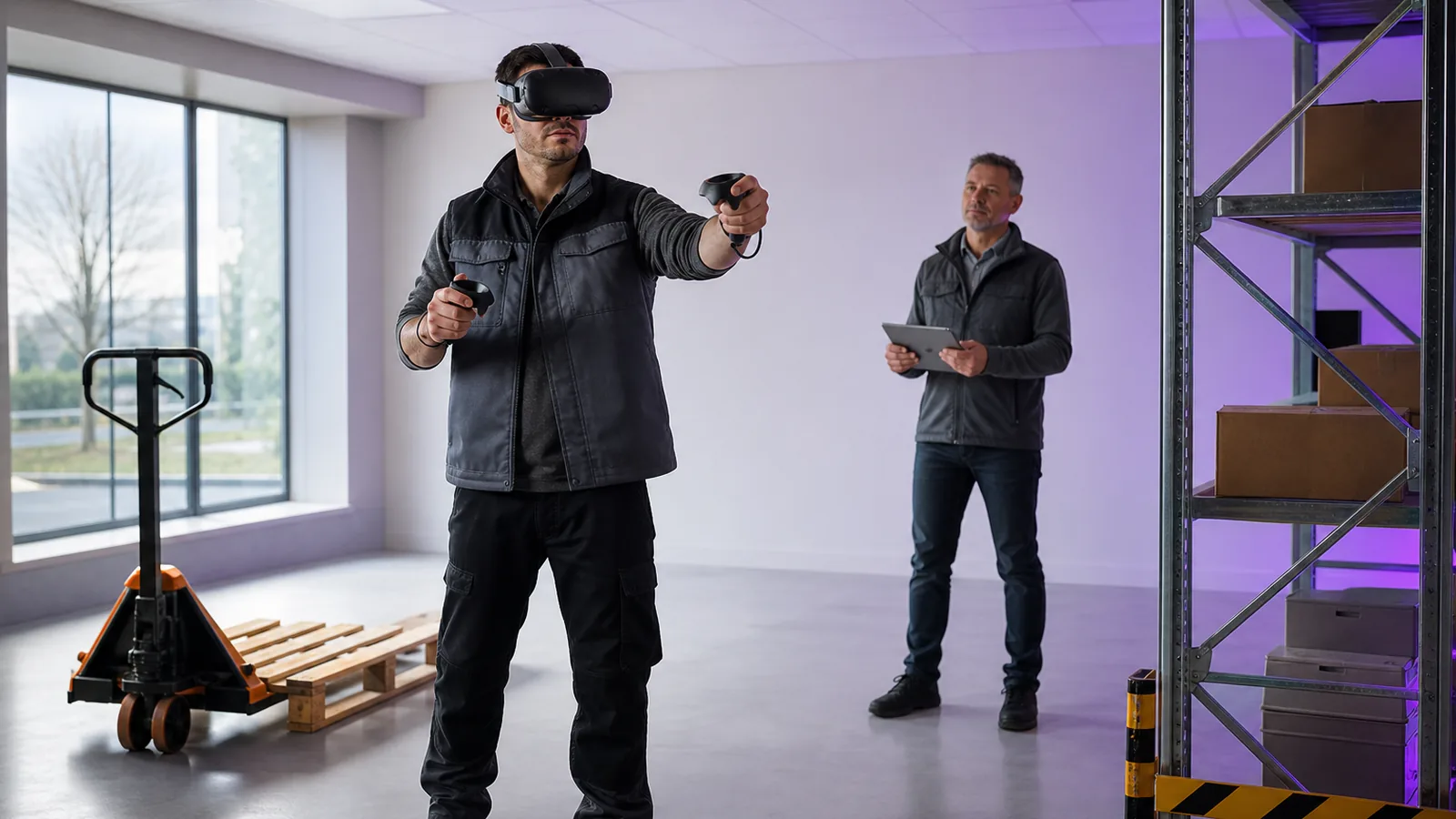 Formación empresarial con realidad virtual Profesional practicando una tarea logística mediante una simulación de realidad virtual supervisada