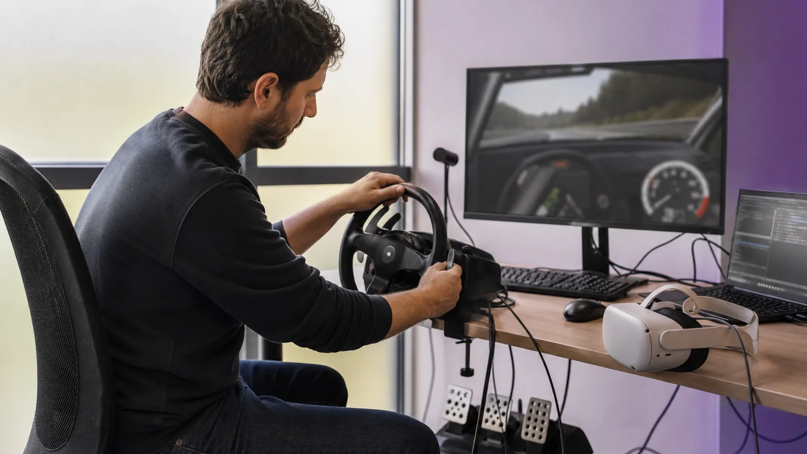 Integración de controles físicos en simuladores VR Desarrollador calibrando volante y pedales para integrarlos en una simulación de realidad virtual