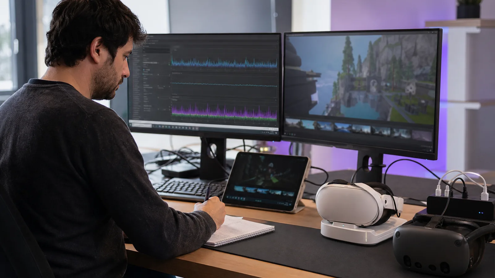 Optimización y pruebas de rendimiento VR Desarrollador analizando el rendimiento de una experiencia VR en varios visores