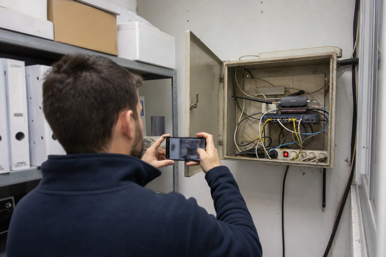 Técnico documentando un pequeño armario de comunicaciones antiguo con cableado desordenado