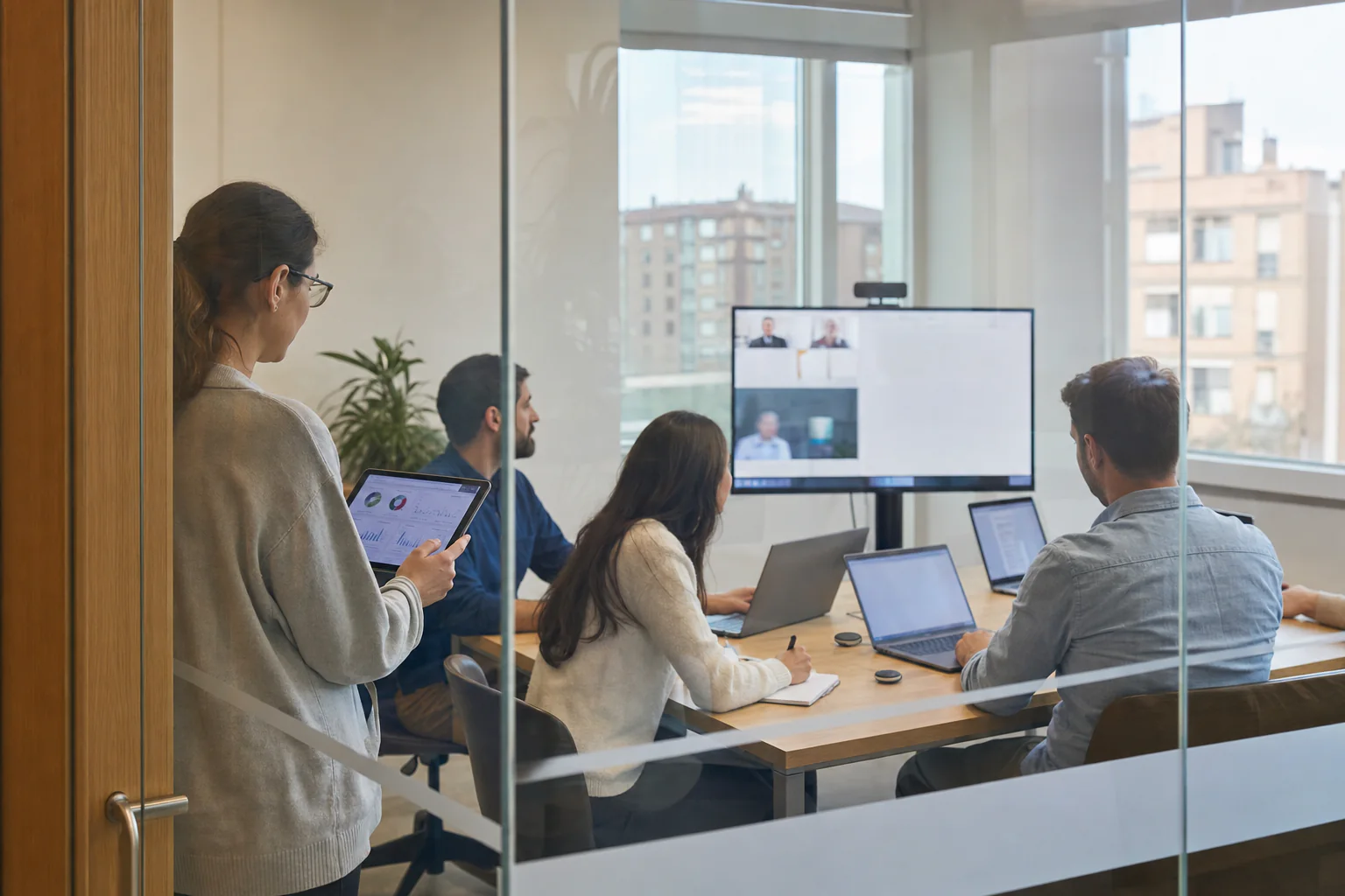 Técnica comprobando la red mientras un equipo mantiene una videollamada en una sala de reuniones