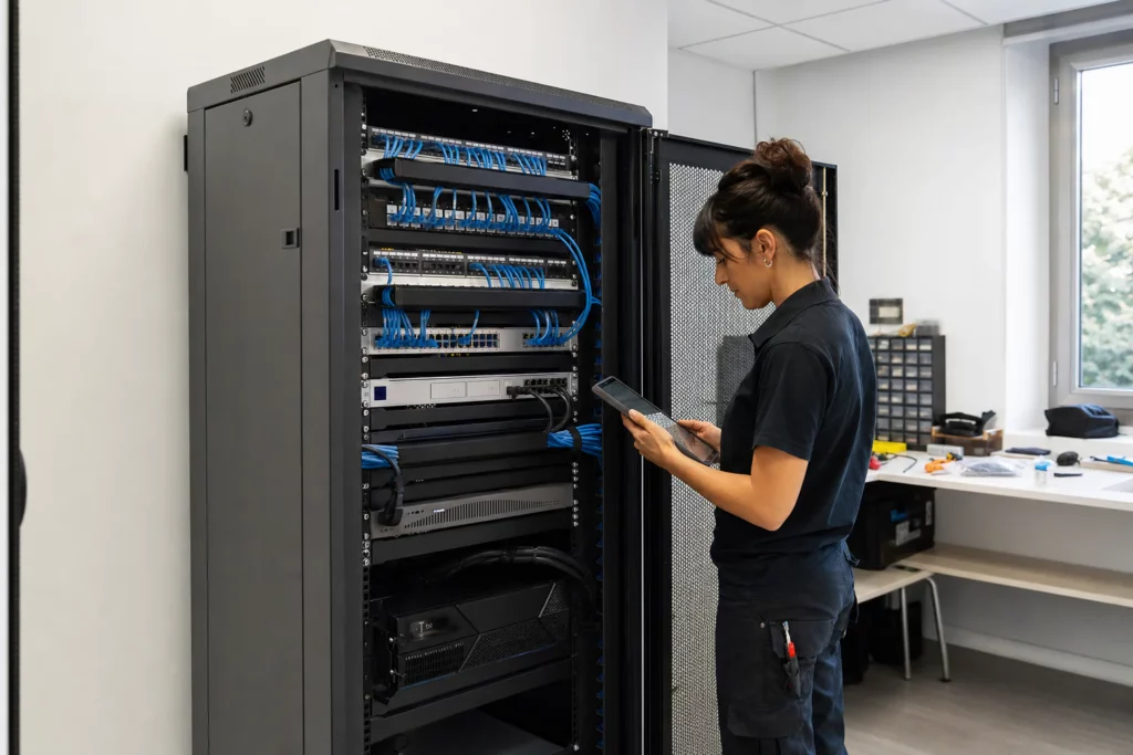 Técnica revisando un armario rack con gateway, switch, patch panel y cableado azul ordenado