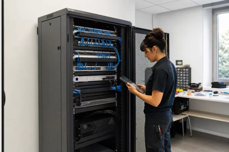 Técnica revisando un armario rack con gateway, switch, patch panel y cableado azul ordenado