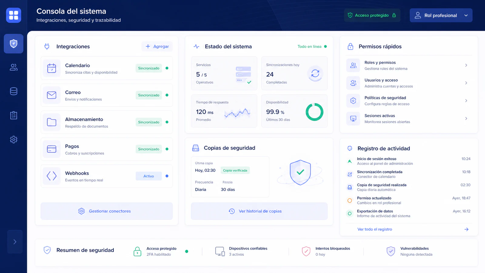 Consola de integraciones, copias de seguridad y auditoría del CRM