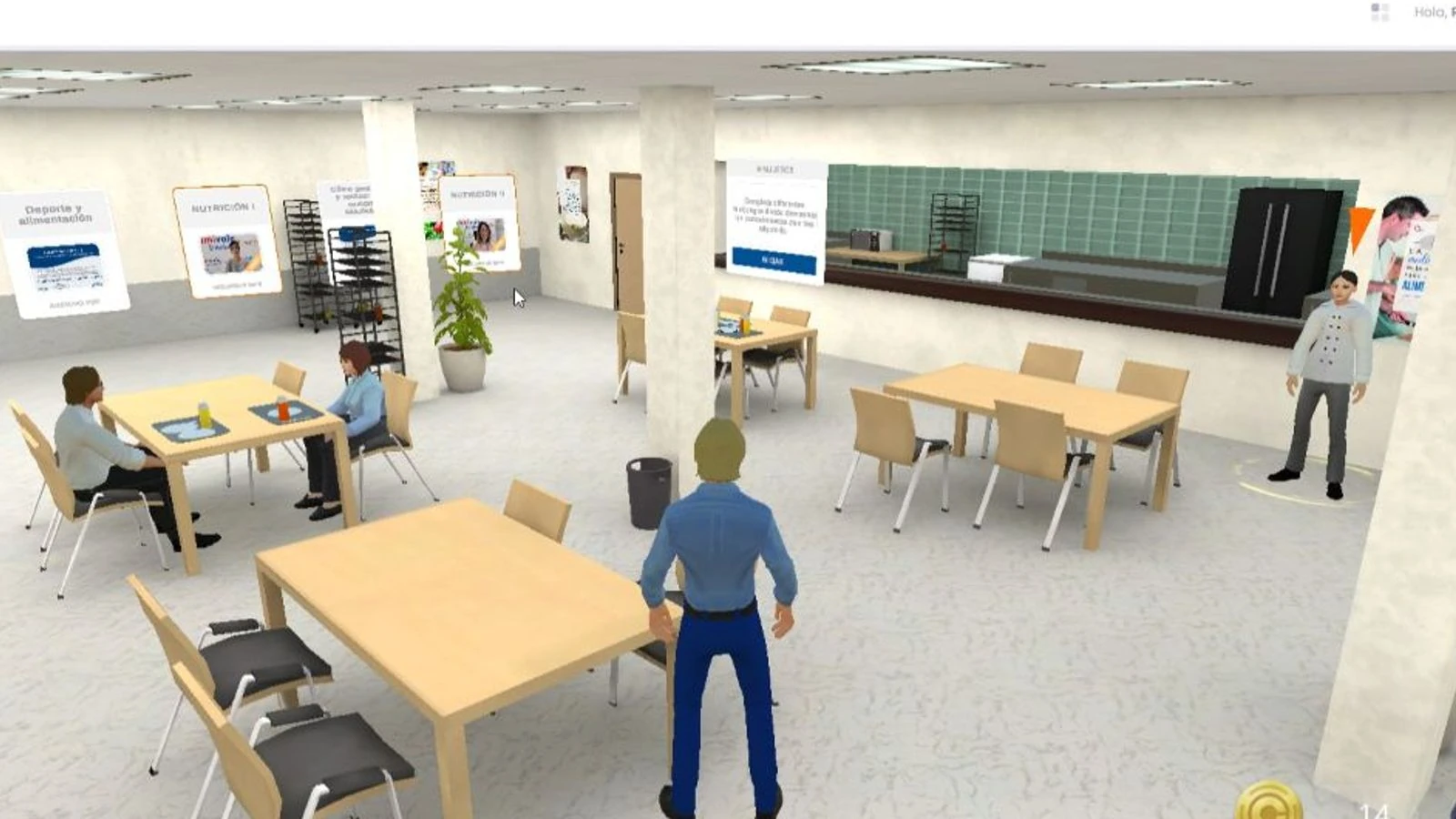 Avatar recorriendo un aula virtual usada para organizar módulos y decisiones de un serious game