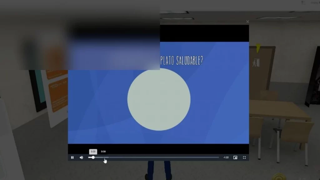 Pantalla de vídeo del serious game con una pregunta sobre la elección de un plato saludable