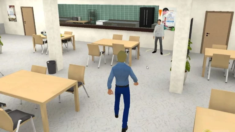 Avatar recorriendo un aula virtual dentro de un serious game educativo