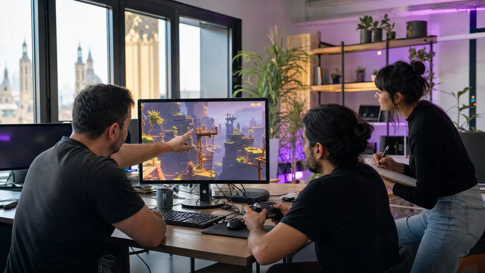 Desarrollo de videojuegos desde Zaragoza Equipo de desarrollo de videojuegos revisando un nivel 3D en un estudio de Zaragoza
