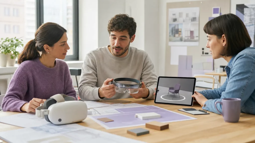 Profesionales comparando un visor VR, unas gafas AR y una experiencia espacial en tableta