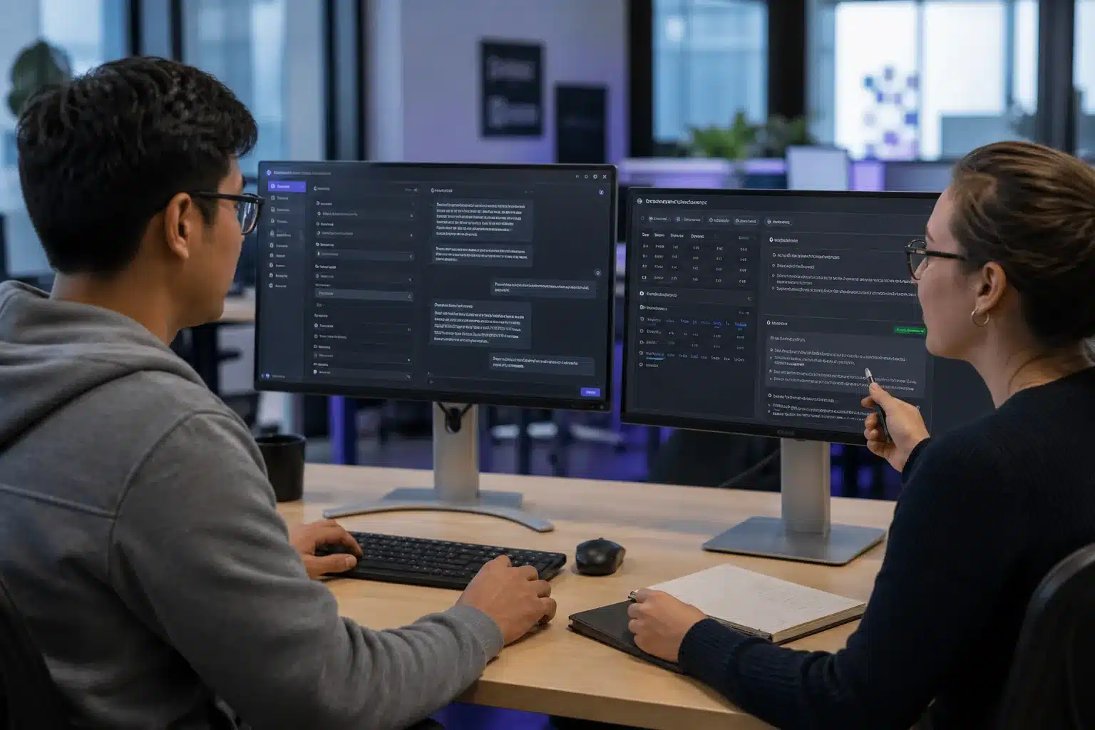 Asistente de IA con supervisión humana Equipo probando un asistente de inteligencia artificial con supervisión humana